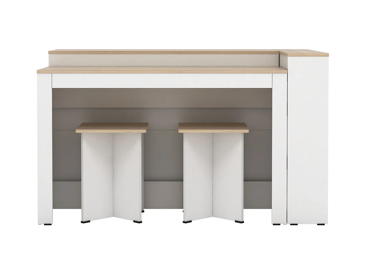 Ensemble îlot central de cuisine + 2 tabourets - Blanc et Naturel clair - NUSICE