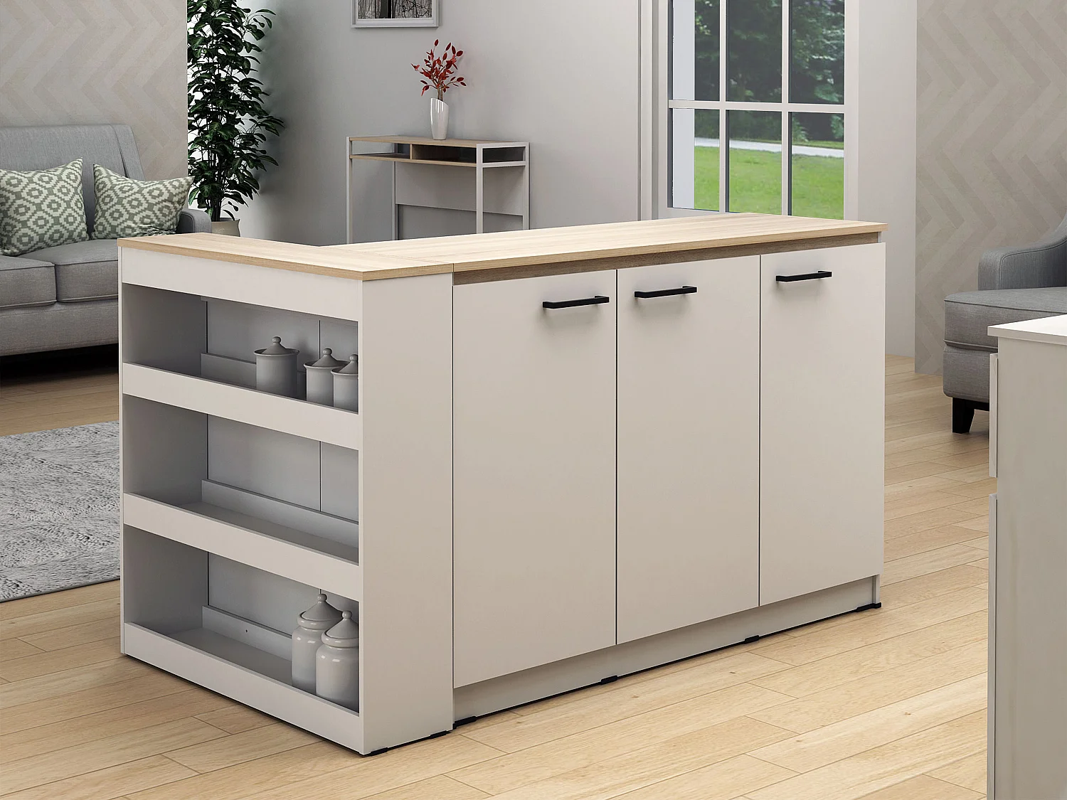 Ensemble îlot central de cuisine + 2 tabourets - Blanc et Naturel clair - NUSICE