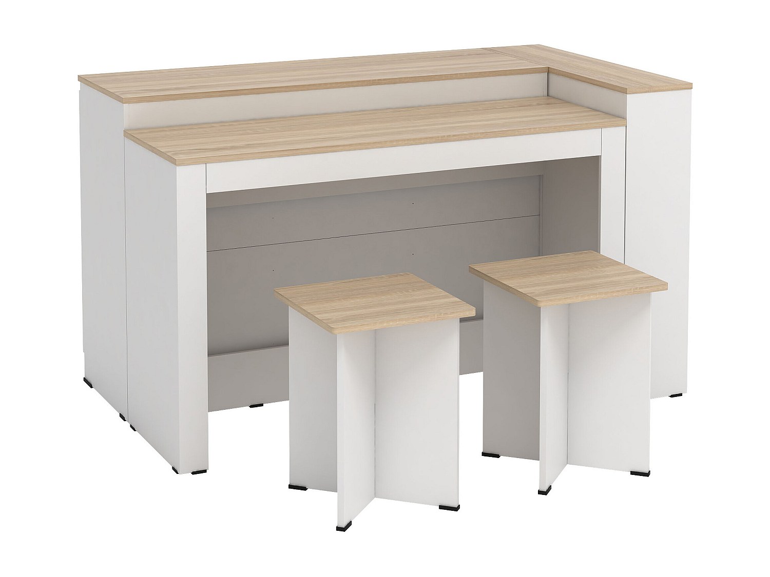 Set zentrale Kücheninsel + 2 Hocker - Weiß & Holzfarben hell - NUSICE günstig online kaufen