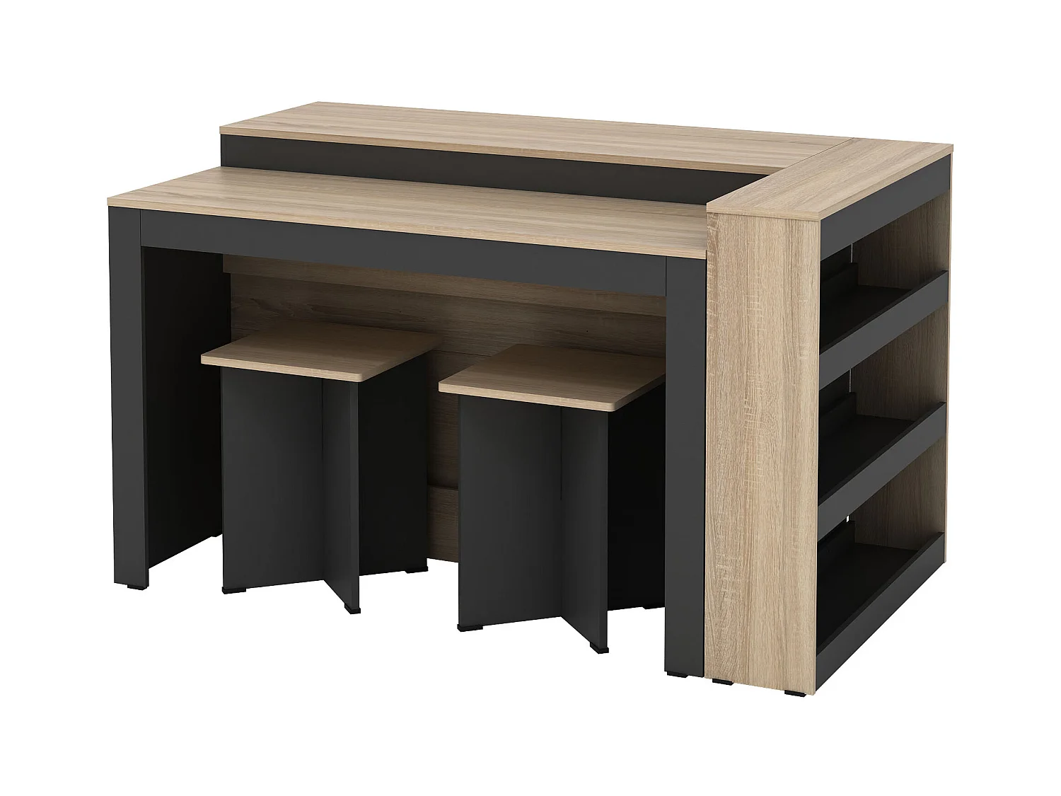 Ensemble îlot central de cuisine + 2 tabourets - Noir et naturel clair - NUSICE