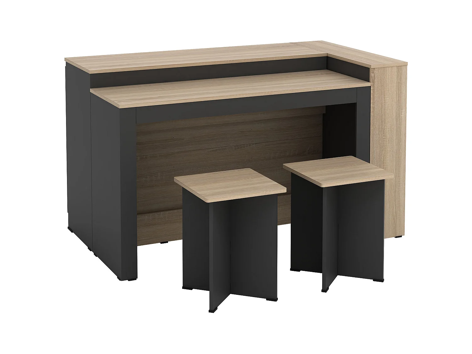 Ensemble îlot central de cuisine + 2 tabourets - Noir et naturel clair - NUSICE