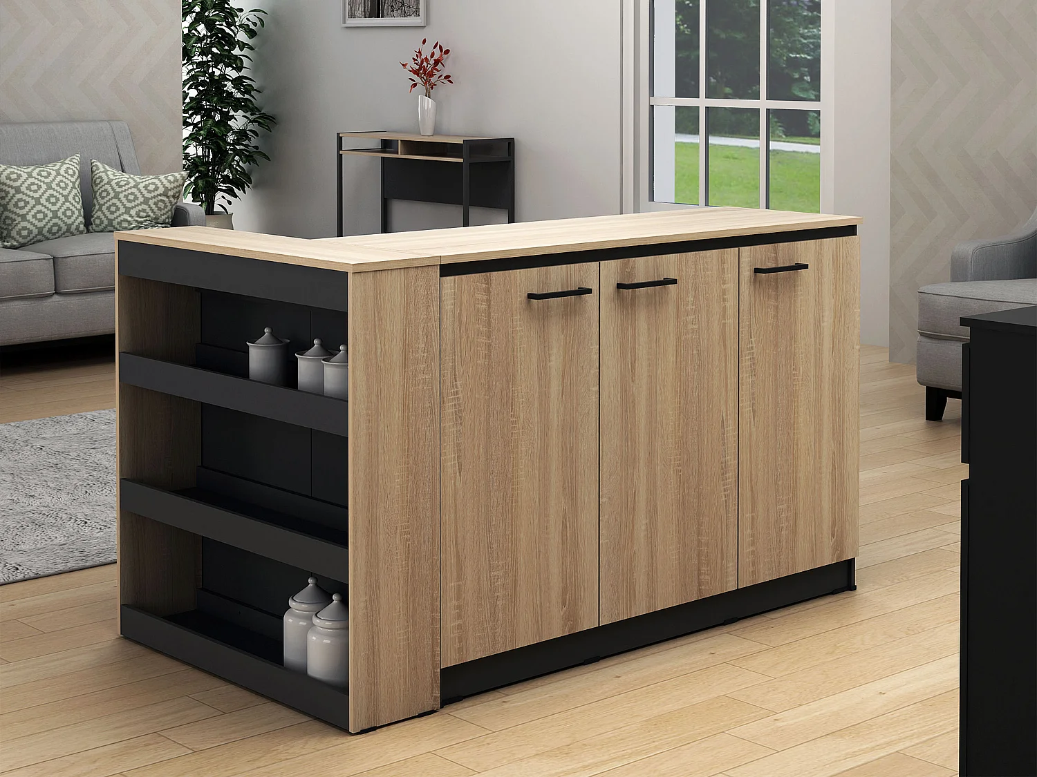 Ensemble îlot central de cuisine + 2 tabourets - Noir et naturel clair - NUSICE