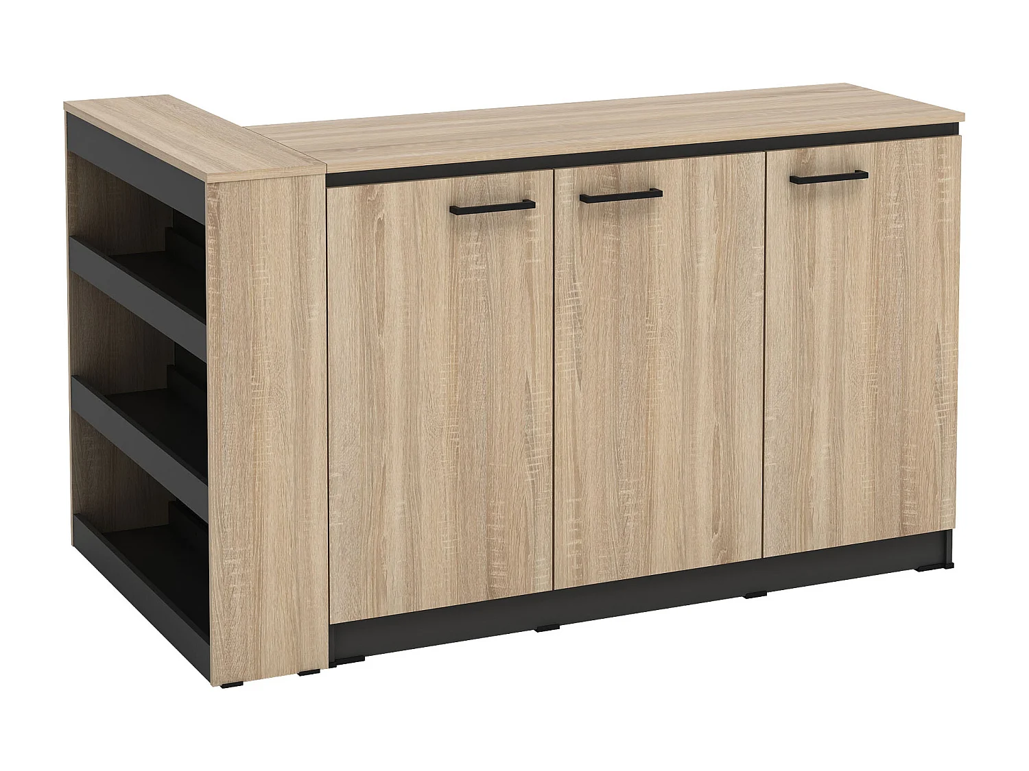 Set zentrale Kücheninsel + 2 Hocker - Schwarz & Holzfarben hell - NUSICE