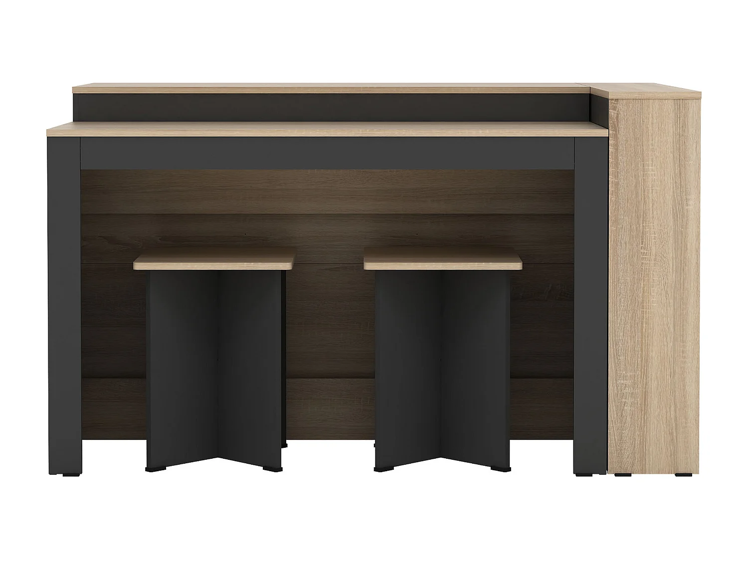 Set zentrale Kücheninsel + 2 Hocker - Schwarz & Holzfarben hell - NUSICE