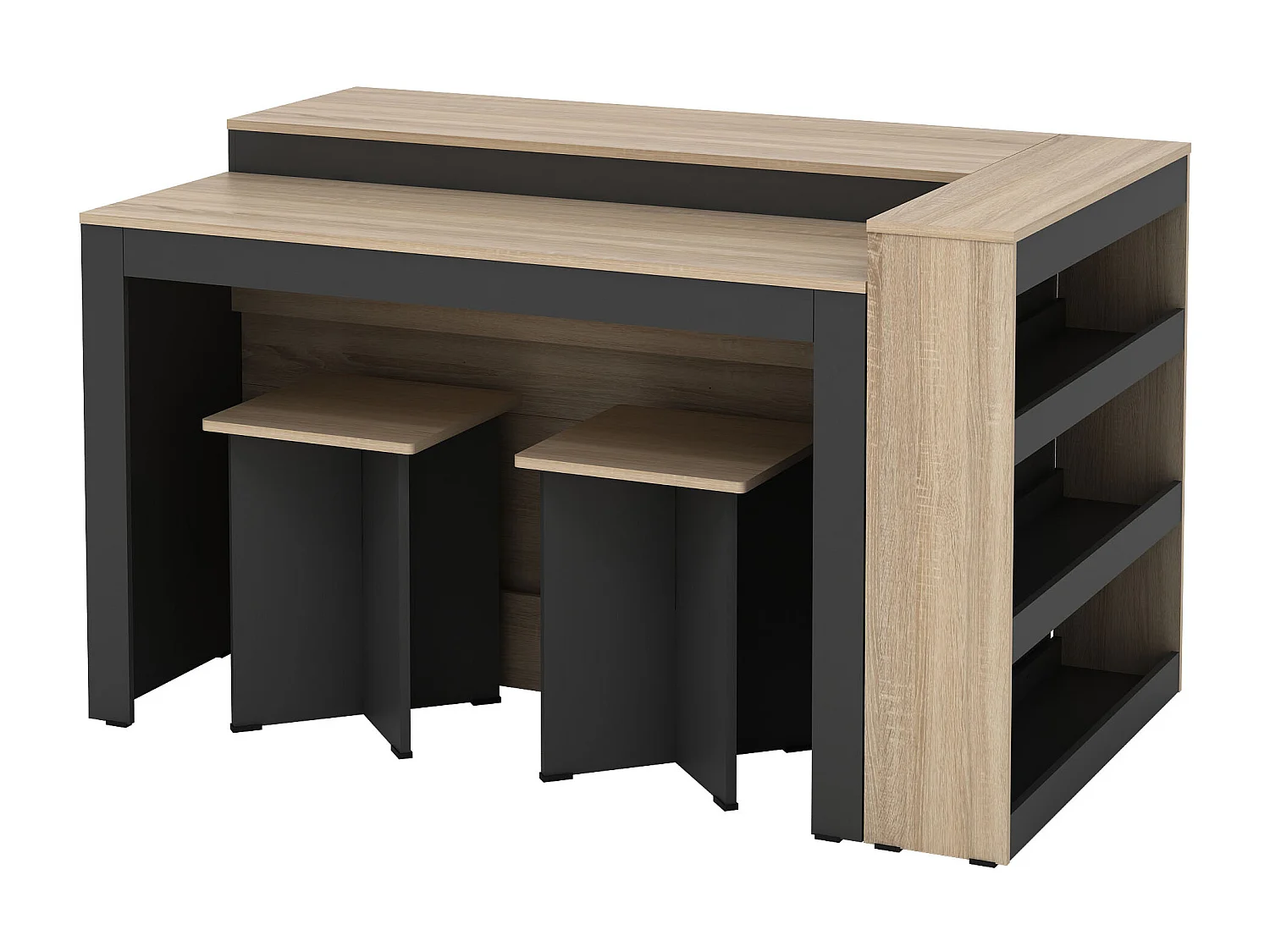 Set zentrale Kücheninsel + 2 Hocker - Schwarz & Holzfarben hell - NUSICE