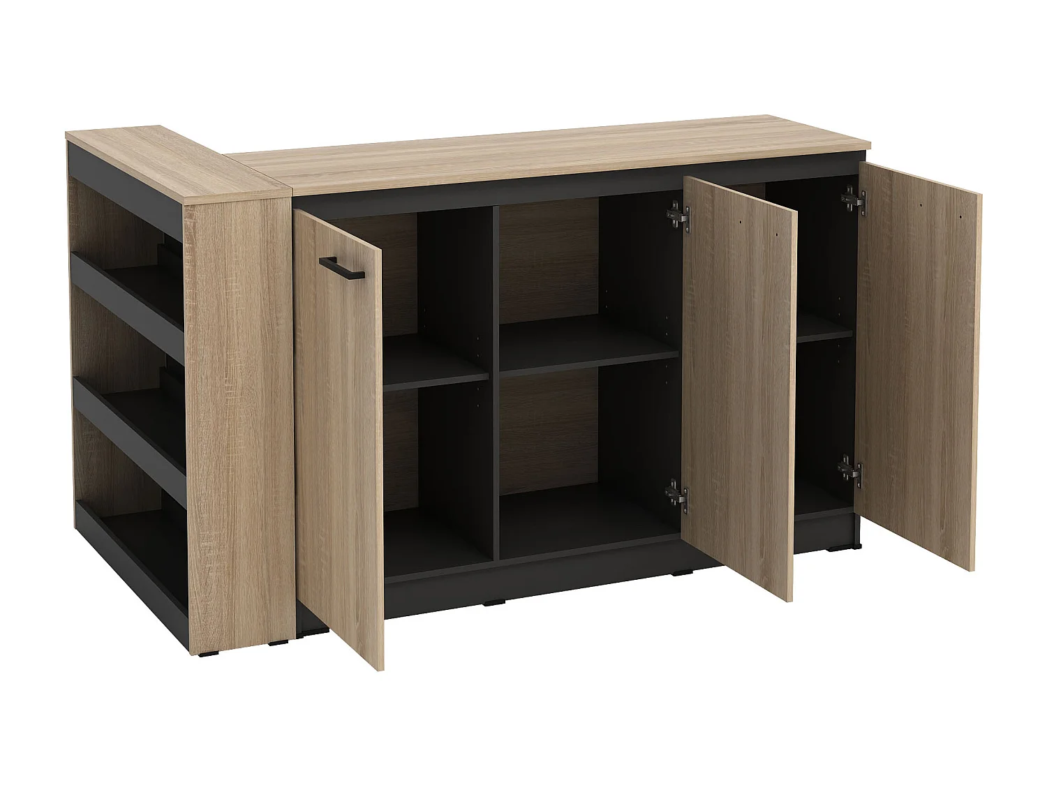 Set zentrale Kücheninsel + 2 Hocker - Schwarz & Holzfarben hell - NUSICE