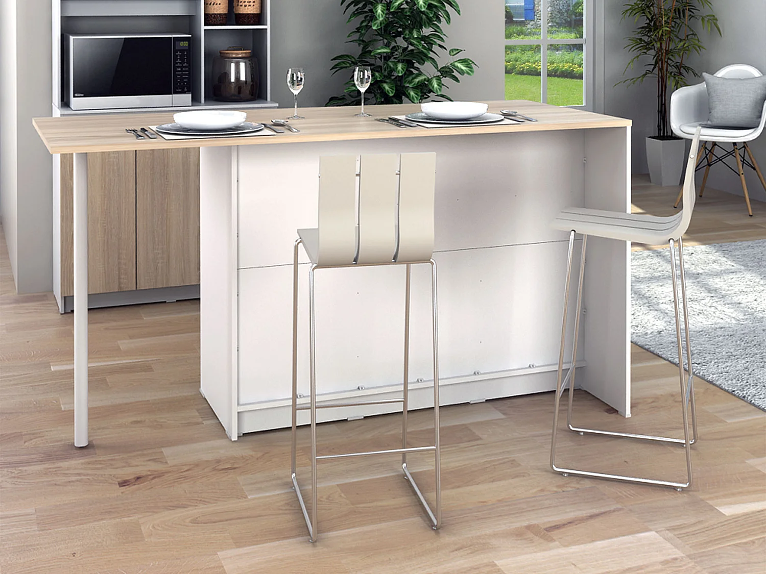 Ilot central de cuisine avec 2 portes, 1 tiroir et 2 niches - Blanc et naturel - TUNORI