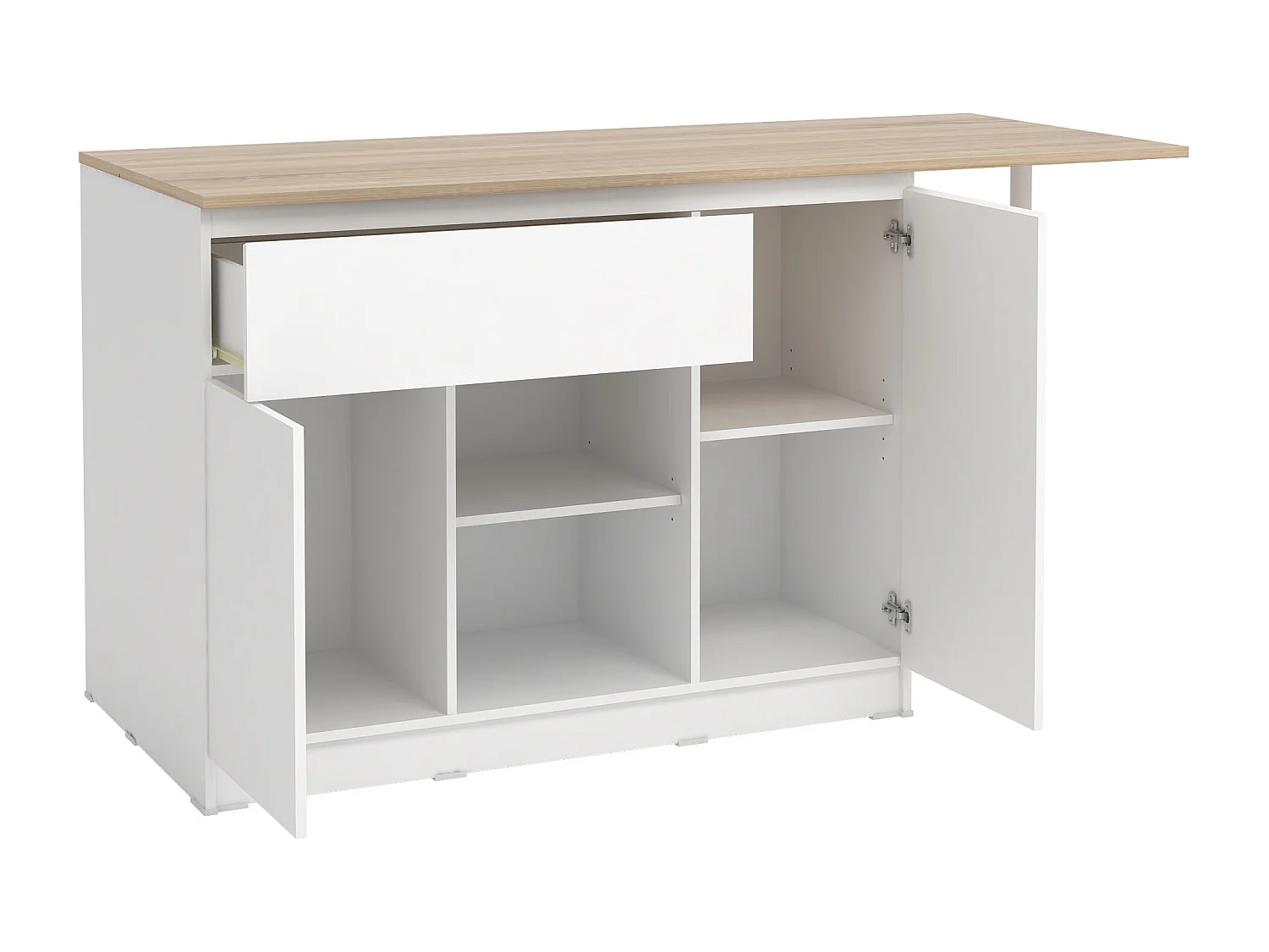 Wyspa kuchenna z 2 drzwiczkami, 1 szufladą i 2 wnękami - Biały i naturalny jasny brąz - TUNORI