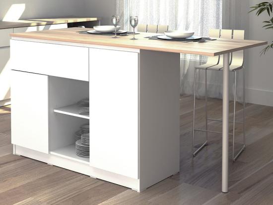 vente unique Ilot central de cuisine avec 2 portes 1 tiroir et 2 niches - Blanc et naturel - TUNORI
