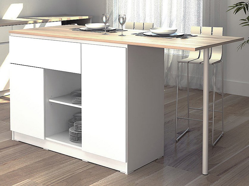 Kücheninsel mit 2 Türen, 1 Schubladen & 2 Regalfächern - Weiß & Helle Holzf günstig online kaufen