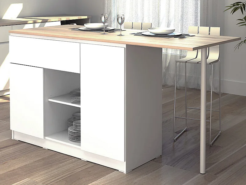 Ilot central de cuisine avec 2 portes, 1 tiroir et 2 niches - Blanc et naturel - TUNORI