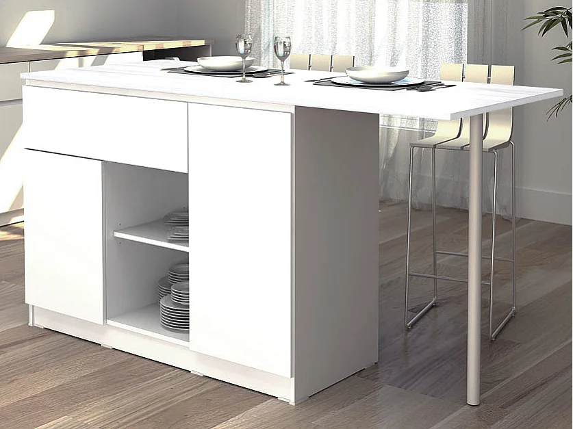 Ilot central de cuisine avec 2 portes, 1 tiroir et 2 niches - Blanc - TUNORI