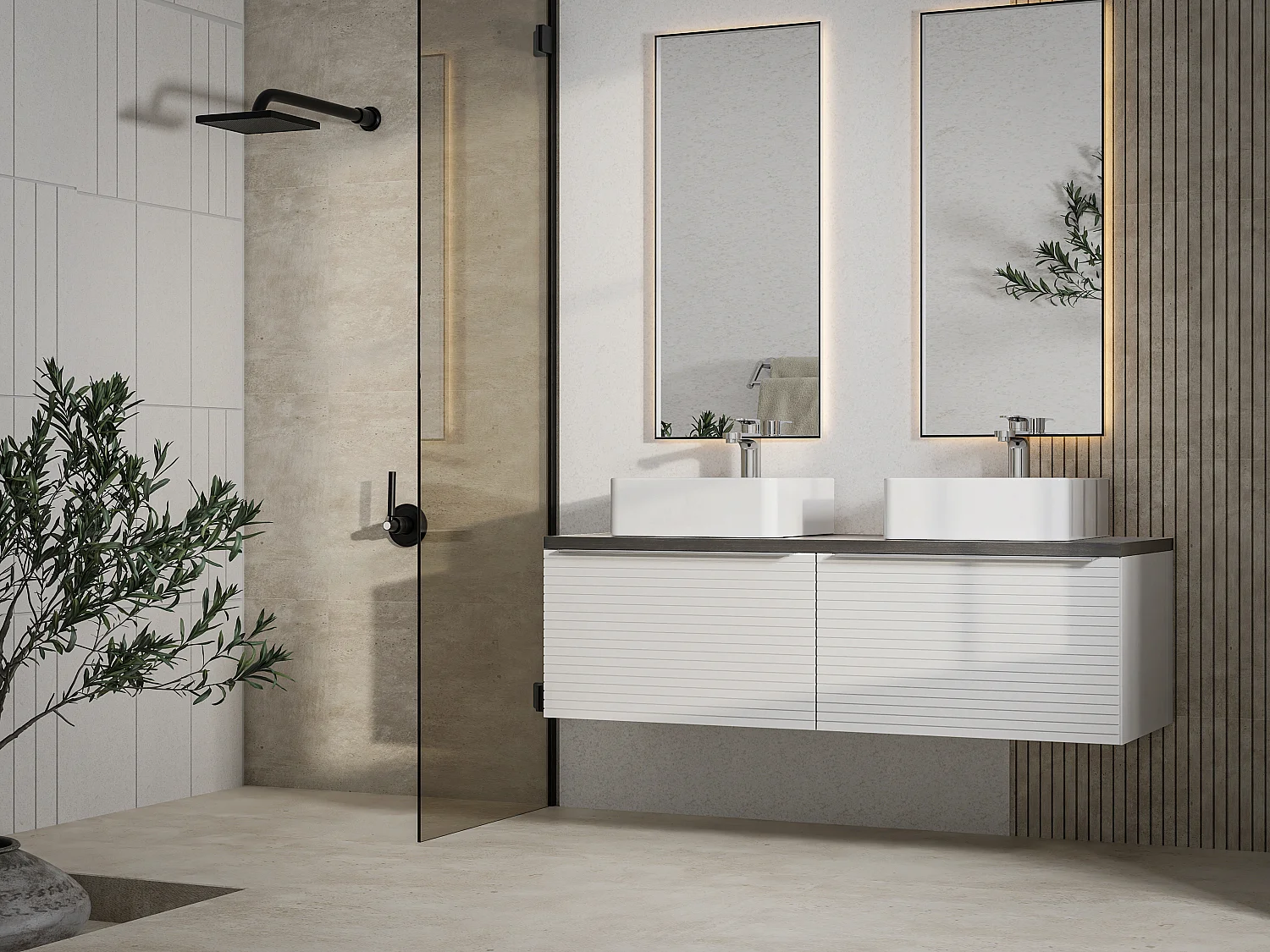 Meuble sous vasque suspendu strié blanc avec planche - 120 cm - LATOMA