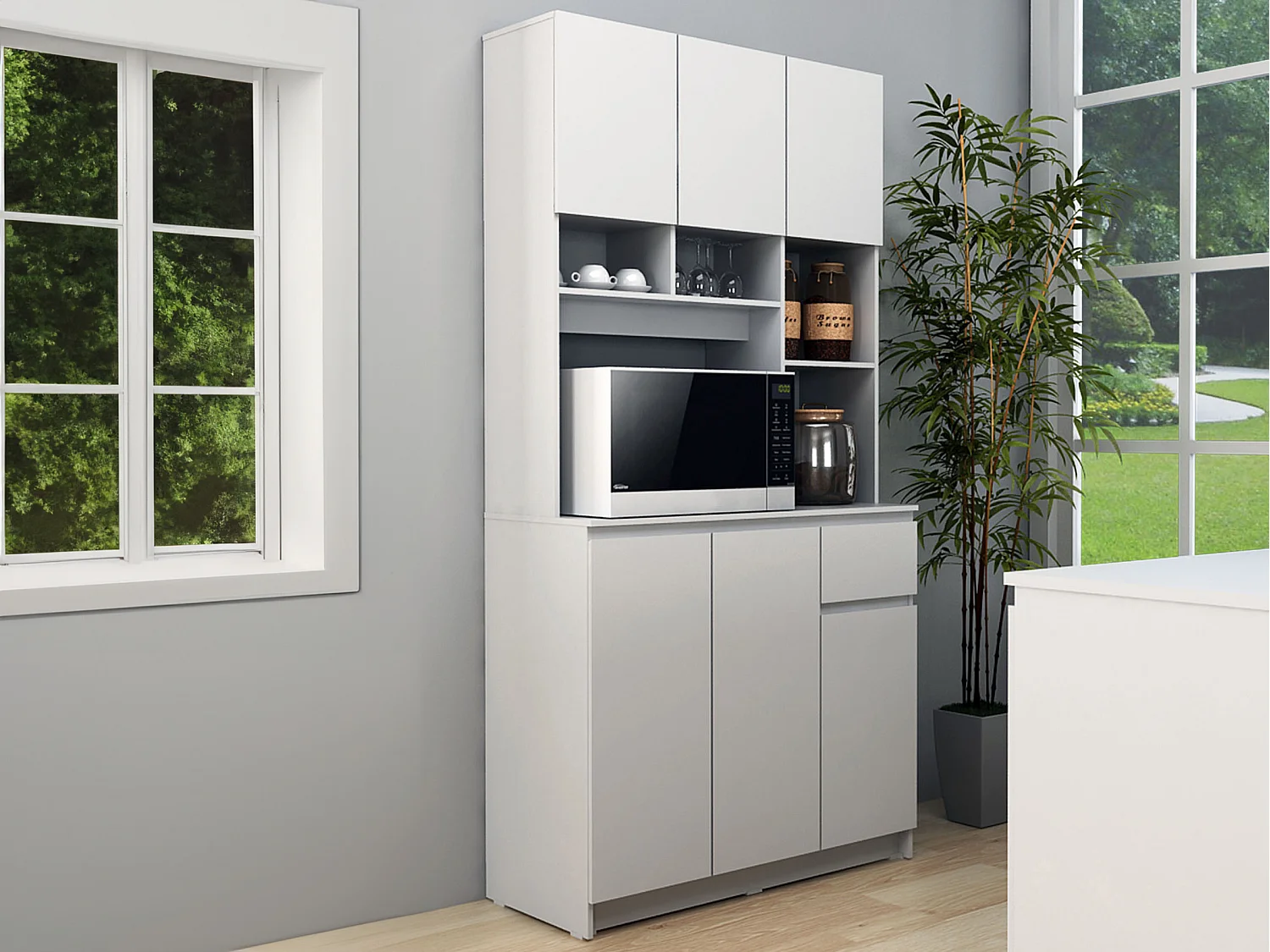 Buffet de cuisine avec 6 portes, 1 tiroir et 5 niches - Blanc - NIZALI