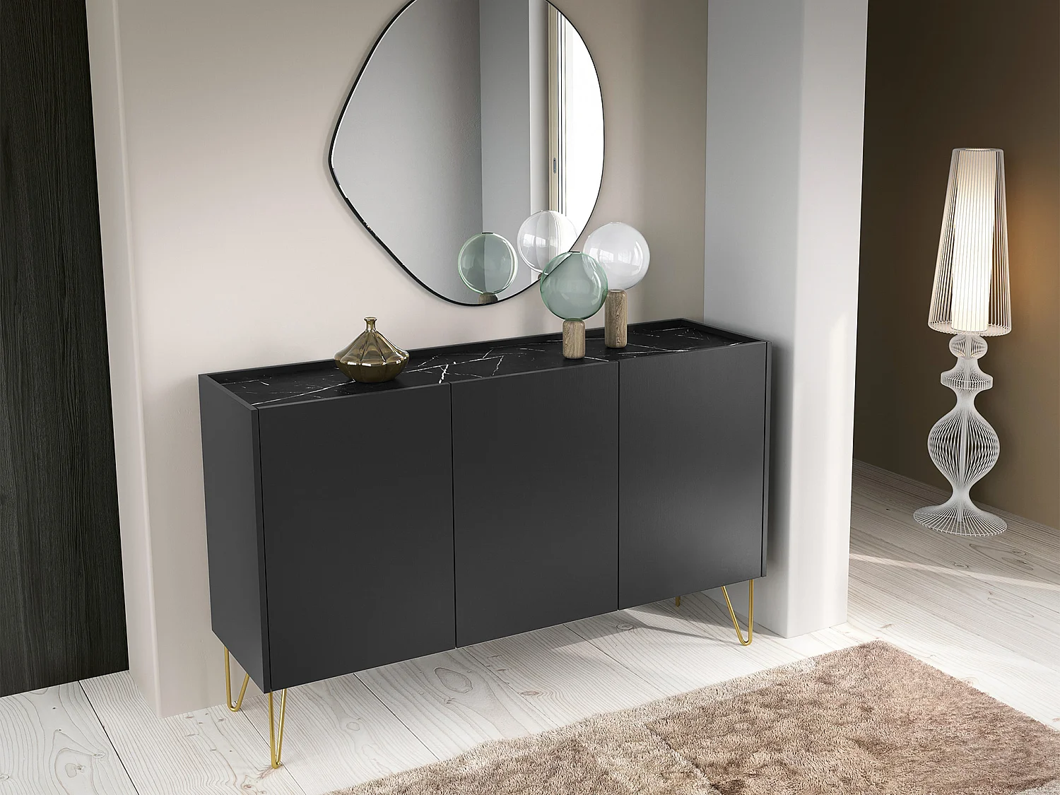 Credenza con 3 ante Nero effetto Marmo Nero e Dorato - PIOLUN di Pascal MORABITO