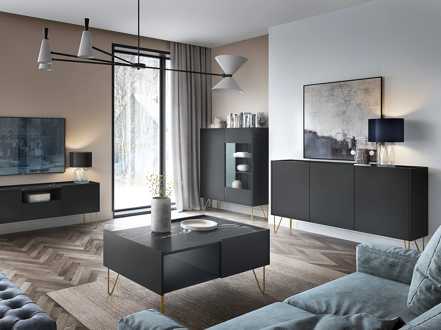 Credenza con 3 ante Nero effetto Marmo Nero e Dorato - PIOLUN di Pascal MORABITO