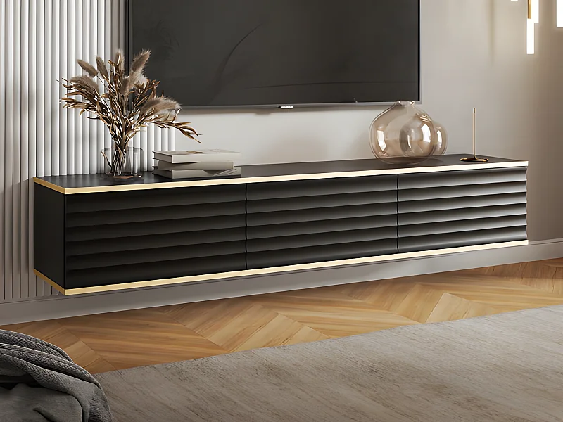 TV-Hängemöbel mit 3 Türen - MDF - Schwarz & Goldfarben - ALESAR von Pascal MORABITO
