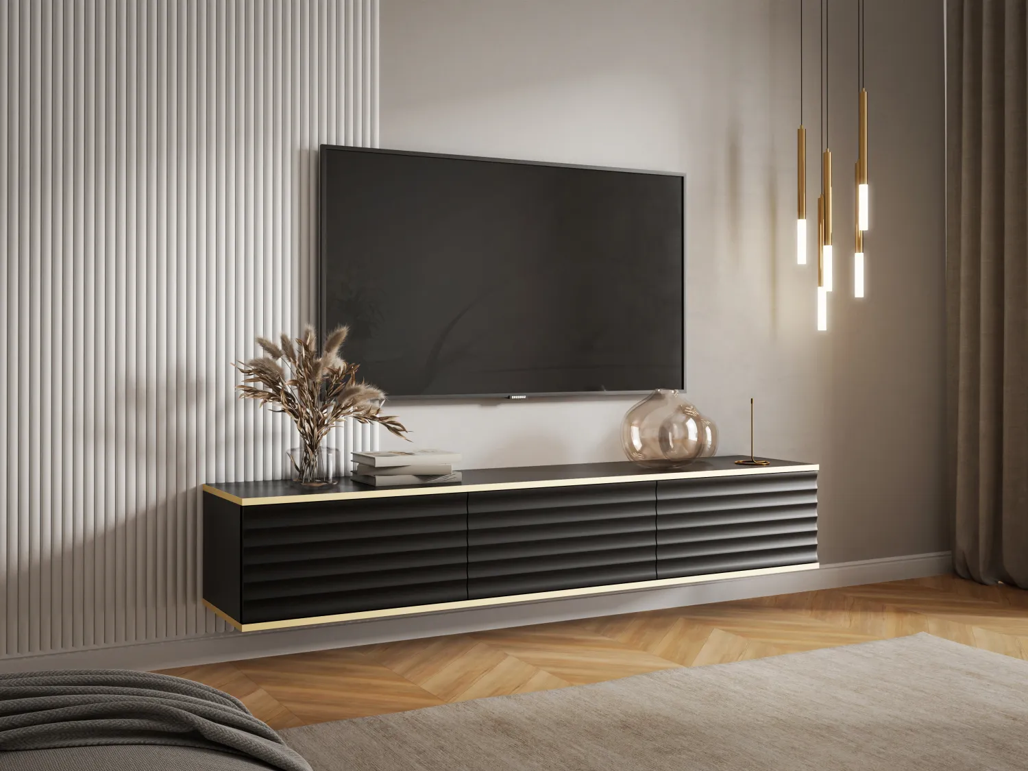 TV-Hängemöbel mit 3 Türen - MDF - Schwarz & Goldfarben - ALESAR von Pascal MORABITO