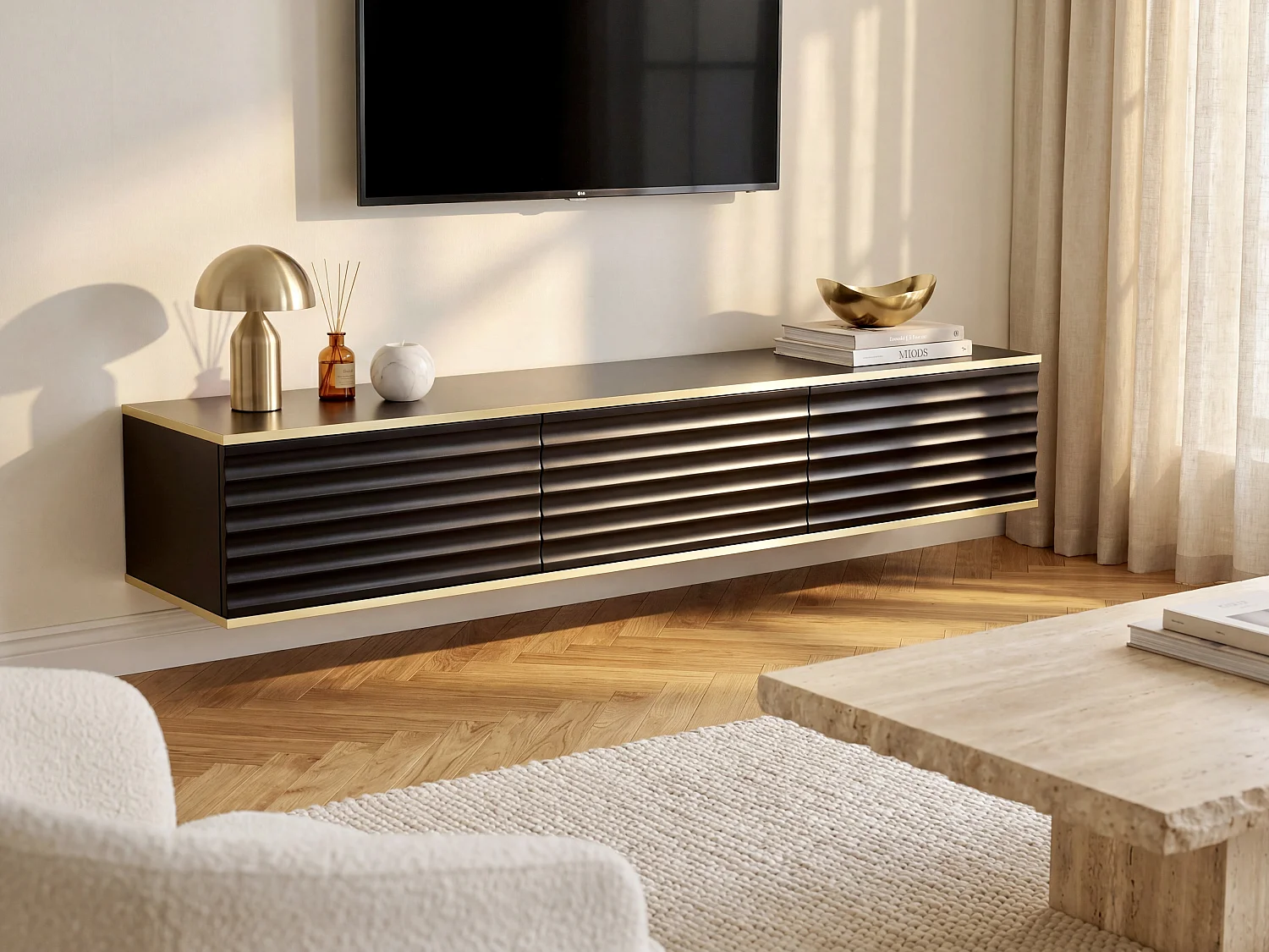 Mueble de TV colgante con 3 puertas de MDF - Negro y Dorado - ALESAR de Pascal MORABITO