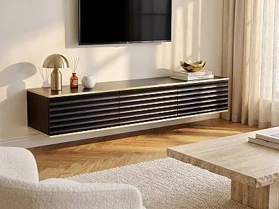Meuble TV suspendu avec 3 portes en MDF - Noir et Doré - ALESAR