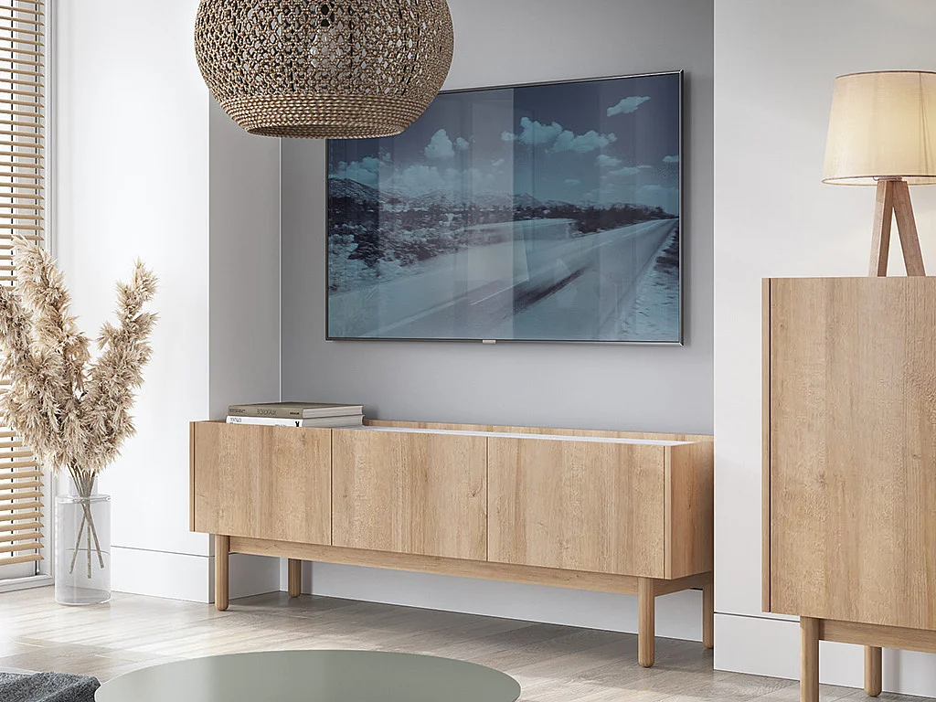 Tv-meubel met 3 deurtjes - Licht naturel en wit marmereffect - SITOLI