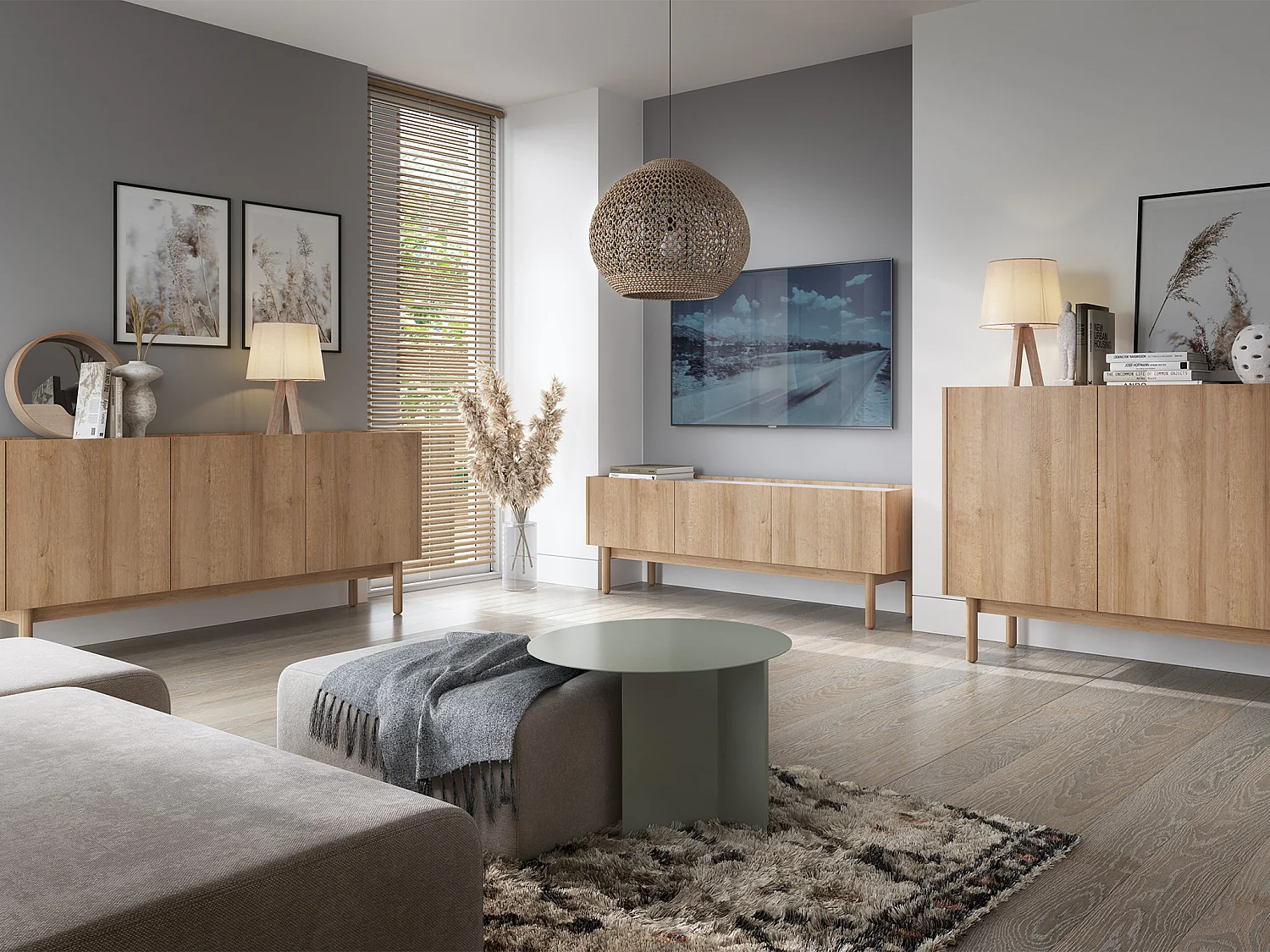 Tv-meubel met 3 deurtjes - Licht naturel en wit marmereffect - SITOLI