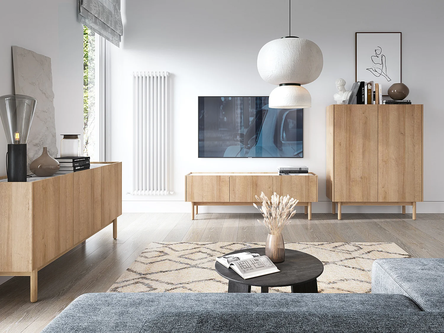 Meuble TV avec 3 portes - Naturel clair et effet marbre blanc - SITOLI