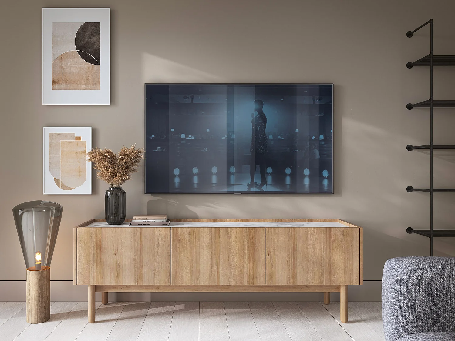 Meuble TV avec 3 portes - Naturel clair et effet marbre blanc - SITOLI