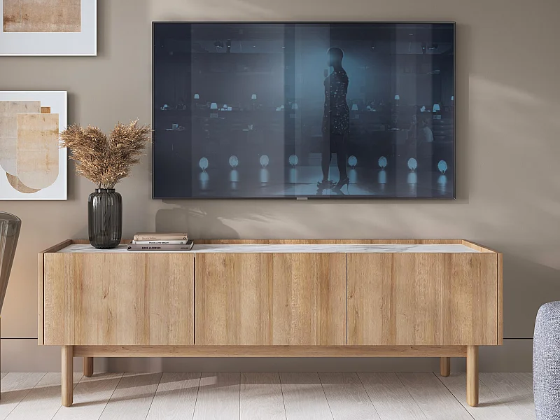 Mobile TV con 3 ante Naturale chiaro e effetto Marmo Bianco - SITOLI