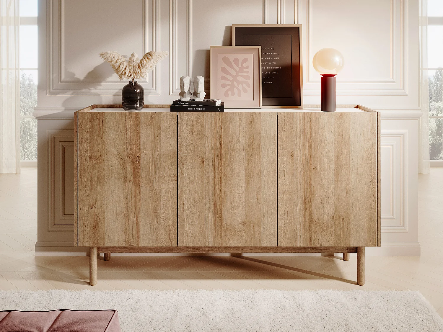 Buffet avec 3 portes - Naturel clair et effet marbre blanc - SITOLI