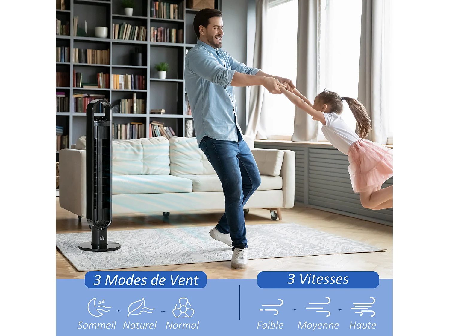 HOMCOM Ventilateur colonne tour oscillant 60 W ultra silencieux télécommande incluse minuterie 3 modes 3 vitesses Ø 28 x 100 cm noir