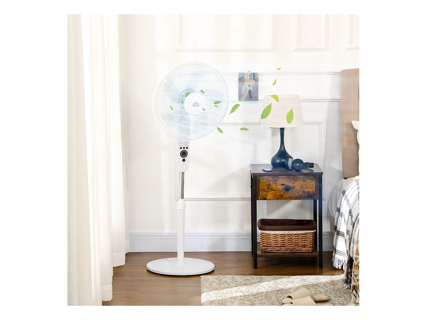 Ventilateur sur pied Ø 44 cm hauteur réglable oscillant silencieux 45 W avec télécommande minuterie 3 modes 3 vitesses blanc