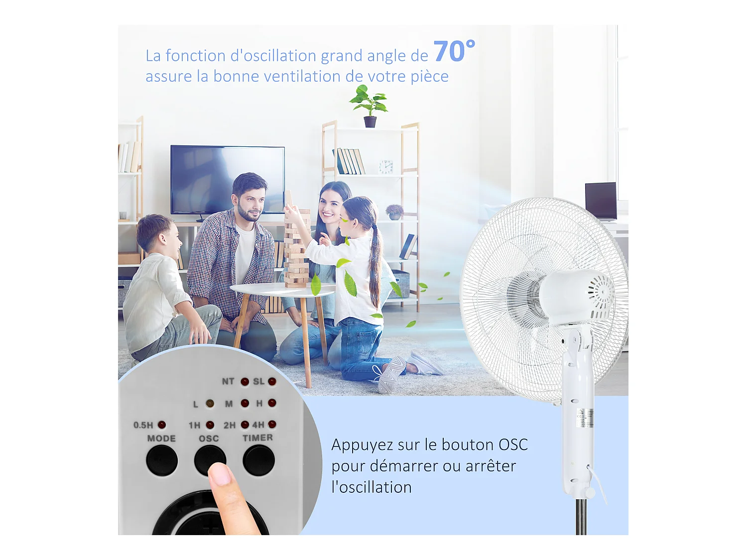 Ventilateur sur pied Ø 44 cm hauteur réglable oscillant silencieux 45 W avec télécommande minuterie 3 modes 3 vitesses blanc