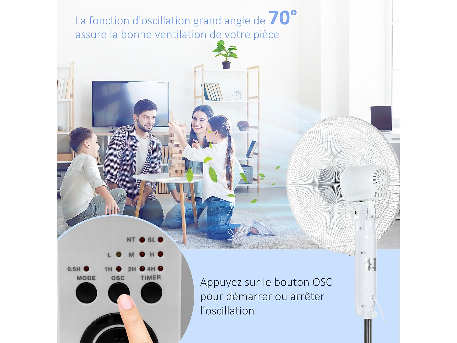 Ventilateur sur pied Ø 44 cm hauteur réglable oscillant silencieux 45 W avec télécommande minuterie 3 modes 3 vitesses blanc