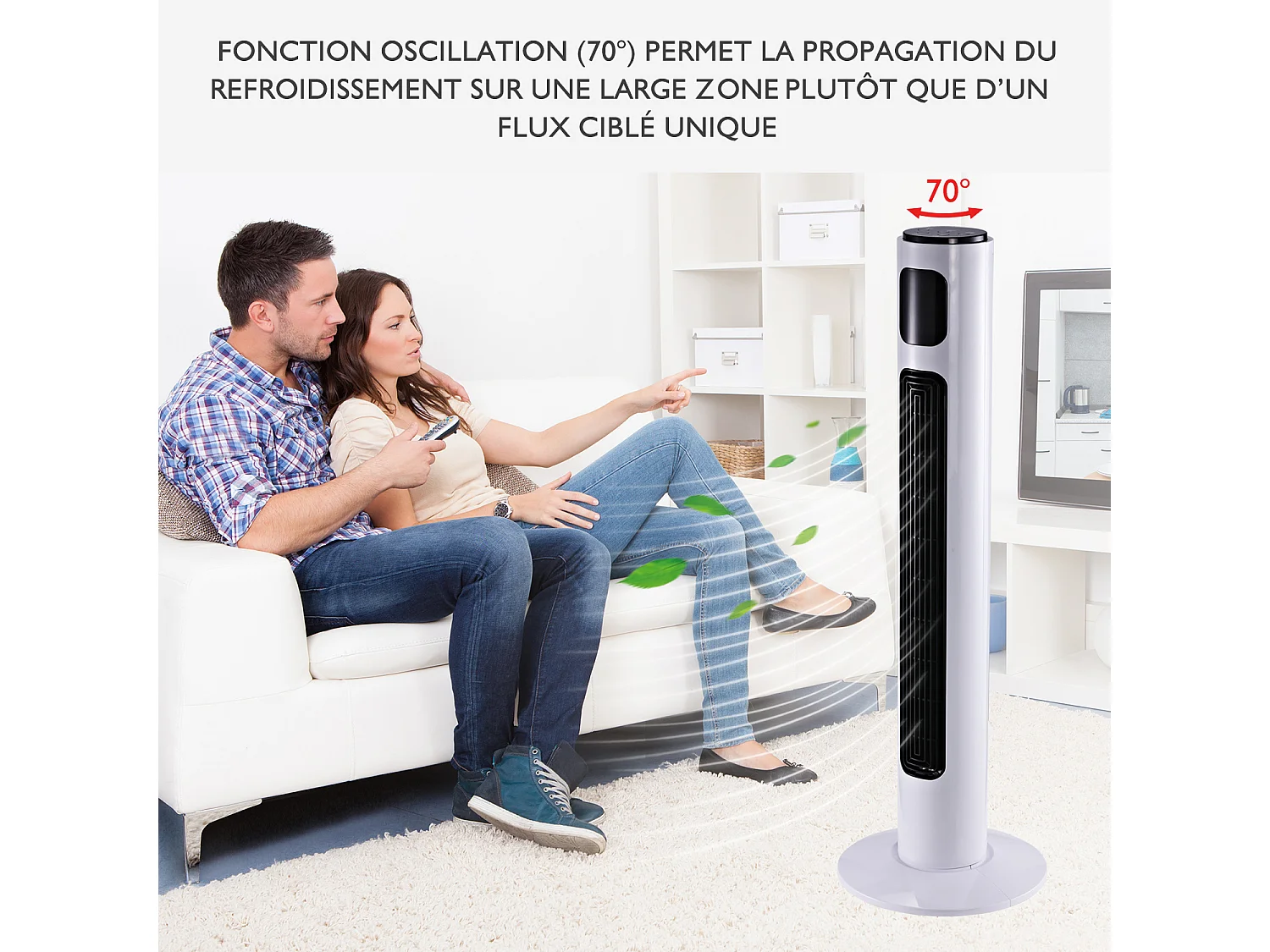 Ventilateur colonne tour programmable oscillant silencieux 45 W avec télécommande écran affichage minuterie 3 modes 3 vitesses 32L x 32l x 96H cm blanc noir