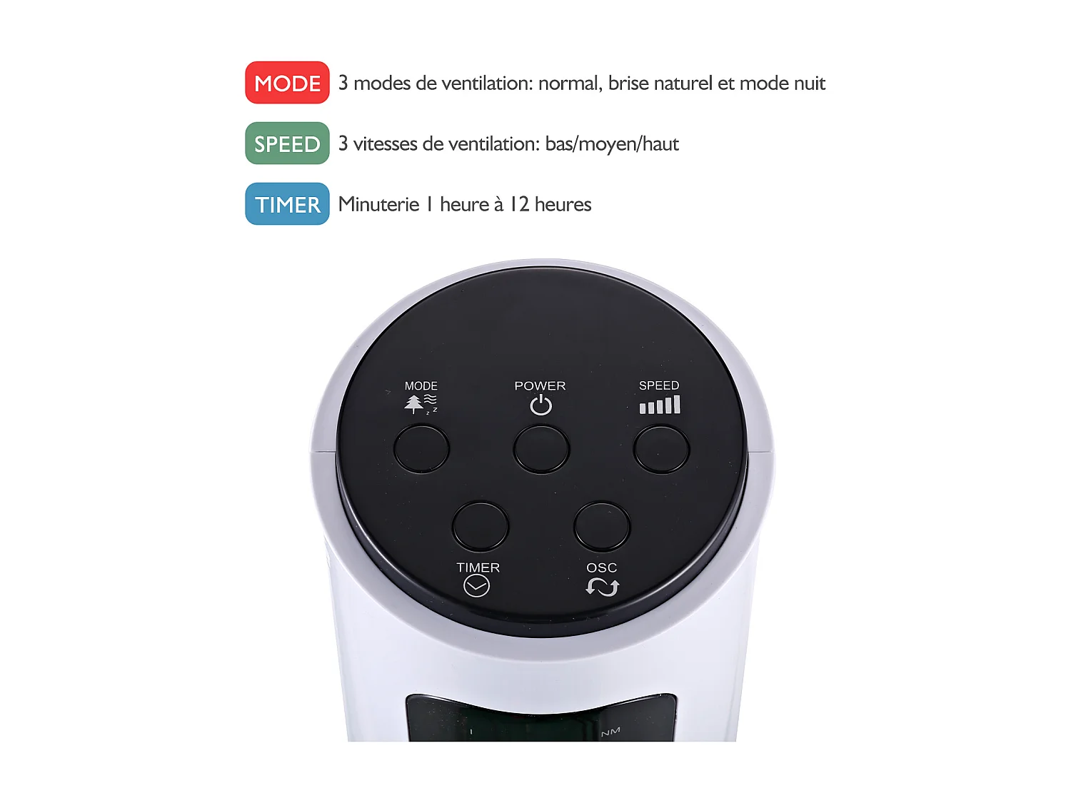 Ventilateur colonne tour programmable oscillant silencieux 45 W avec télécommande écran affichage minuterie 3 modes 3 vitesses 32L x 32l x 96H cm blanc noir
