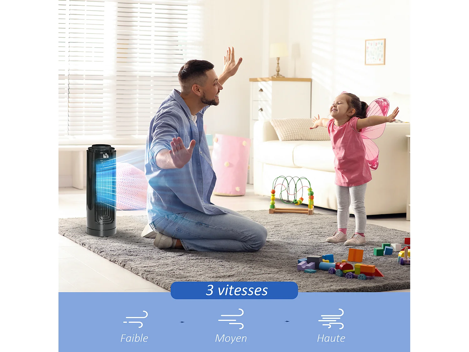 Ventilateur colonne oscillant 20 W silencieux - ventilateur de table bureau - 3 vitesses - noir