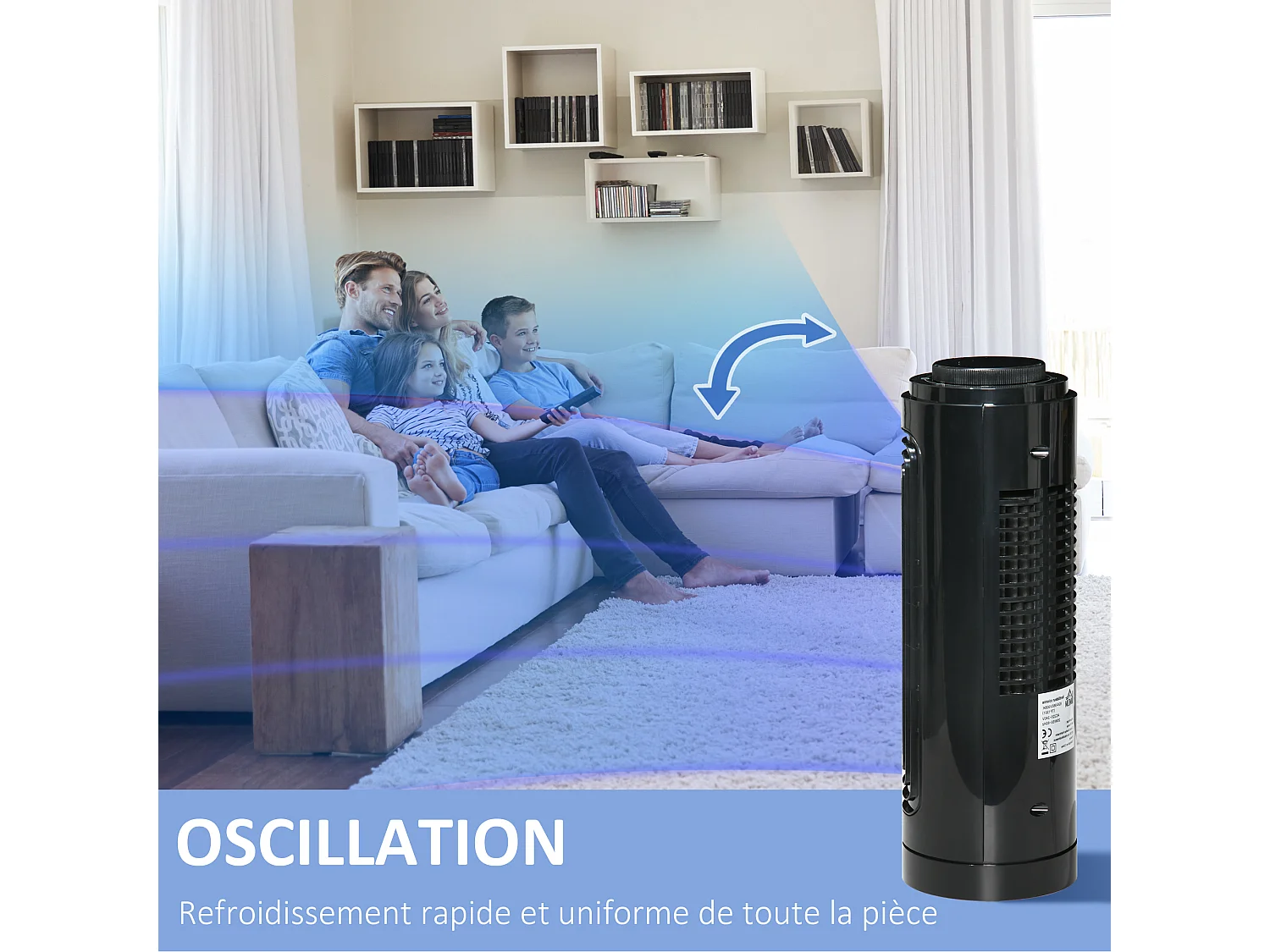 Ventilateur colonne oscillant 20 W silencieux - ventilateur de table bureau - 3 vitesses - noir