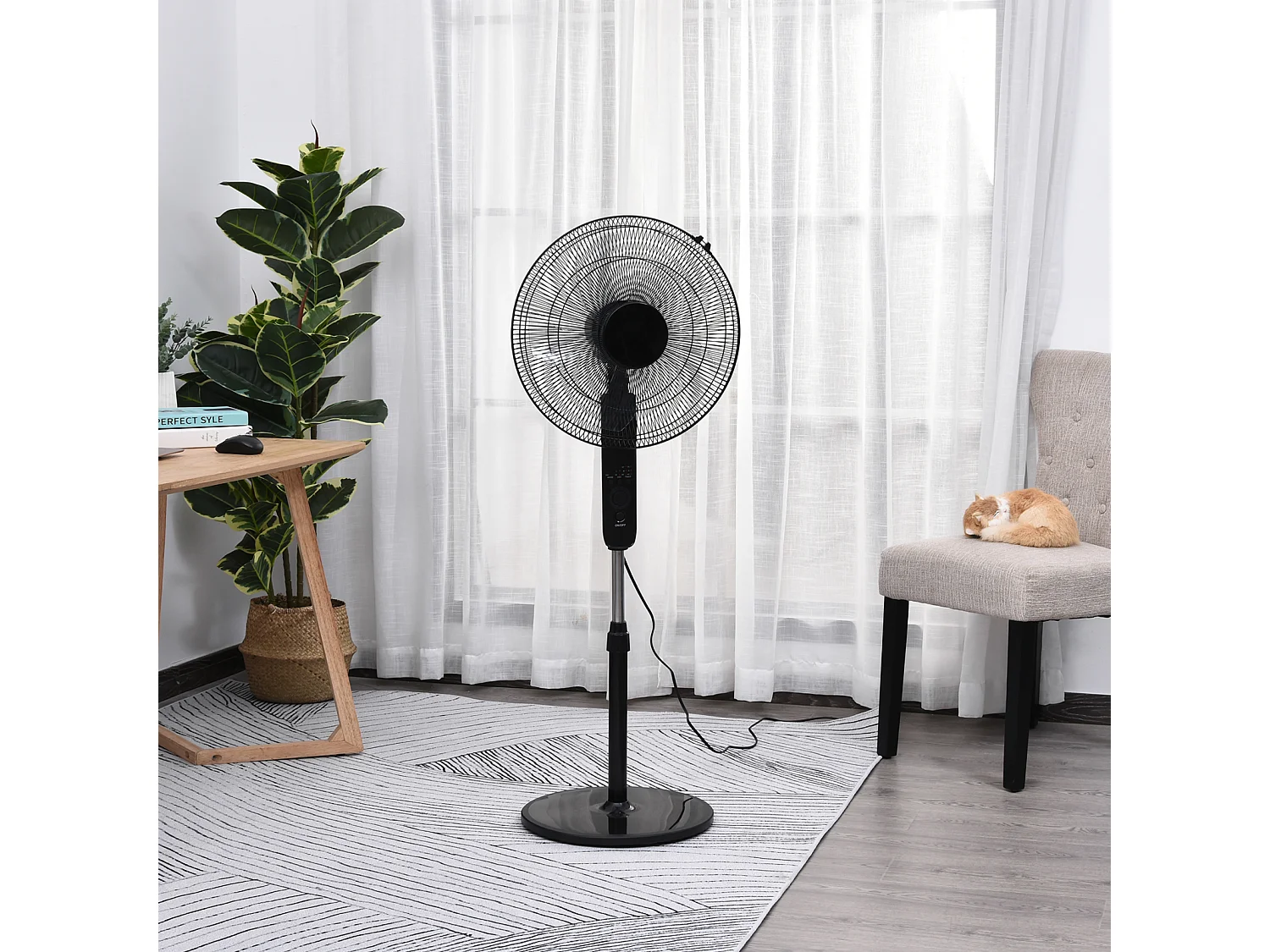 Ventilateur sur pied Ø 44 cm hauteur réglable oscillant silencieux 45 W avec télécommande minuterie 3 modes 3 vitesses noir