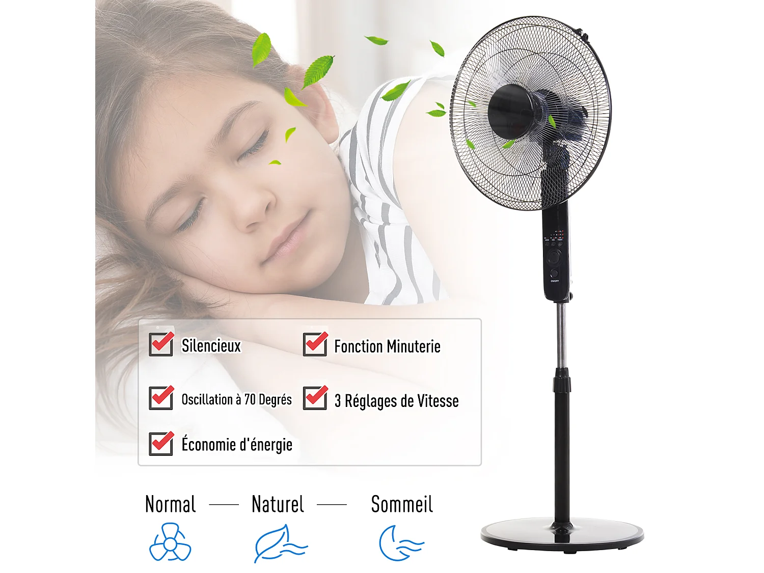 Ventilateur sur pied Ø 44 cm hauteur réglable oscillant silencieux 45 W avec télécommande minuterie 3 modes 3 vitesses noir