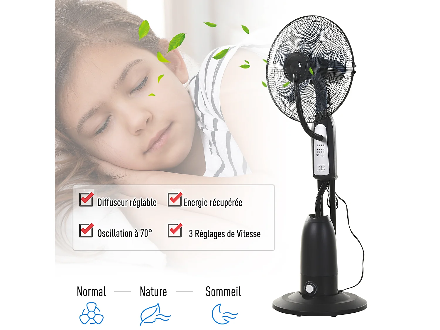 HOMCOM Ventilateur brumisateur sur roulettes - oscillant silencieux 90 W - 4 vitesses - dim. Ø 44 x 120H cm noir gris