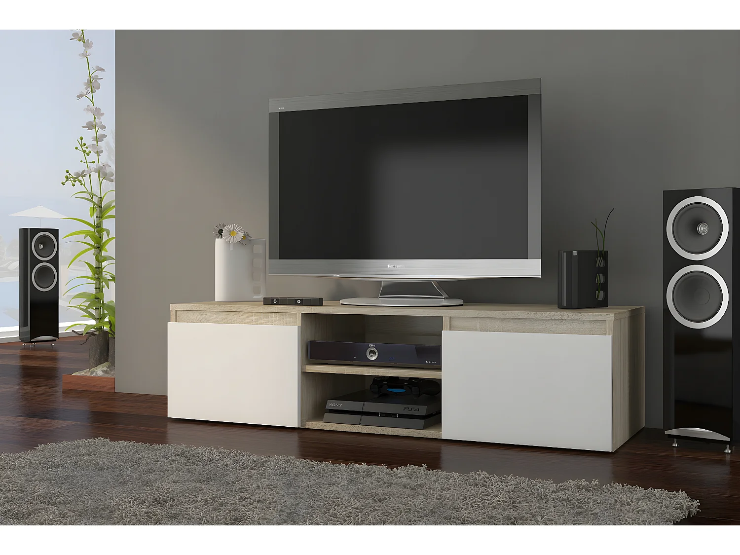 GOREME | Meuble bas TV contemporain salon/séjour 120x40x36 | 2 niches 2 portes  | Rangement moderne matériel audio/video/gaming