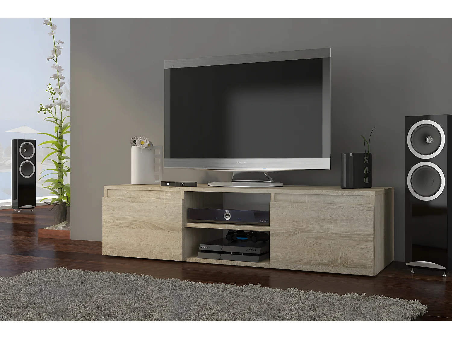 GOREME | Meuble bas TV contemporain salon/séjour 120x40x36 | 2 niches 2 portes  | Rangement moderne matériel audio/video/gaming
