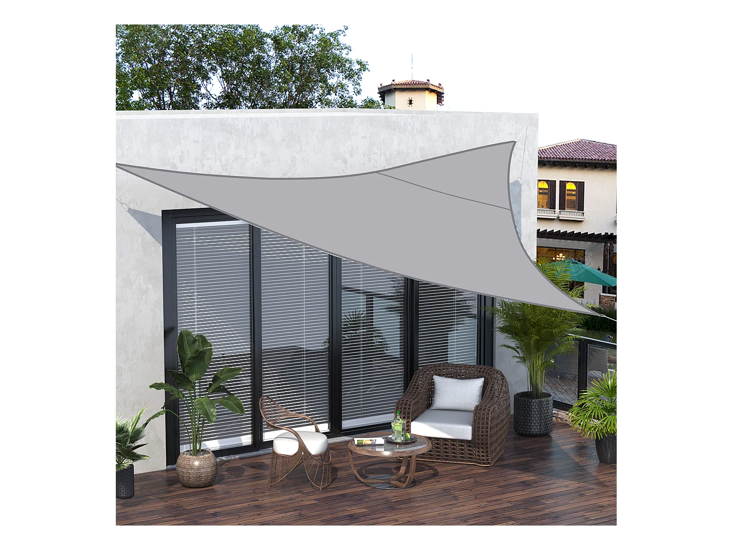 Voile d'ombrage triangulaire grande taille 6 x 6 x 6 m polyester imperméabilisé haute densité 160 g/m² gris clair
