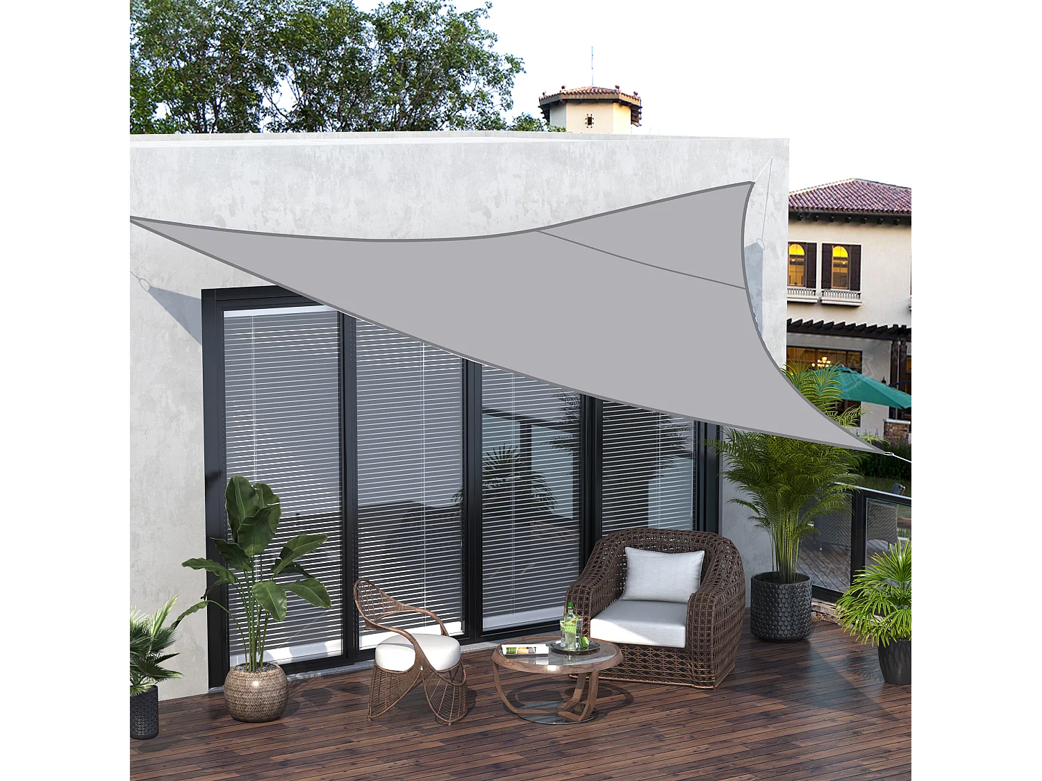 Voile d'ombrage triangulaire grande taille 6 x 6 x 6 m polyester imperméabilisé haute densité 160 g/m² gris clair