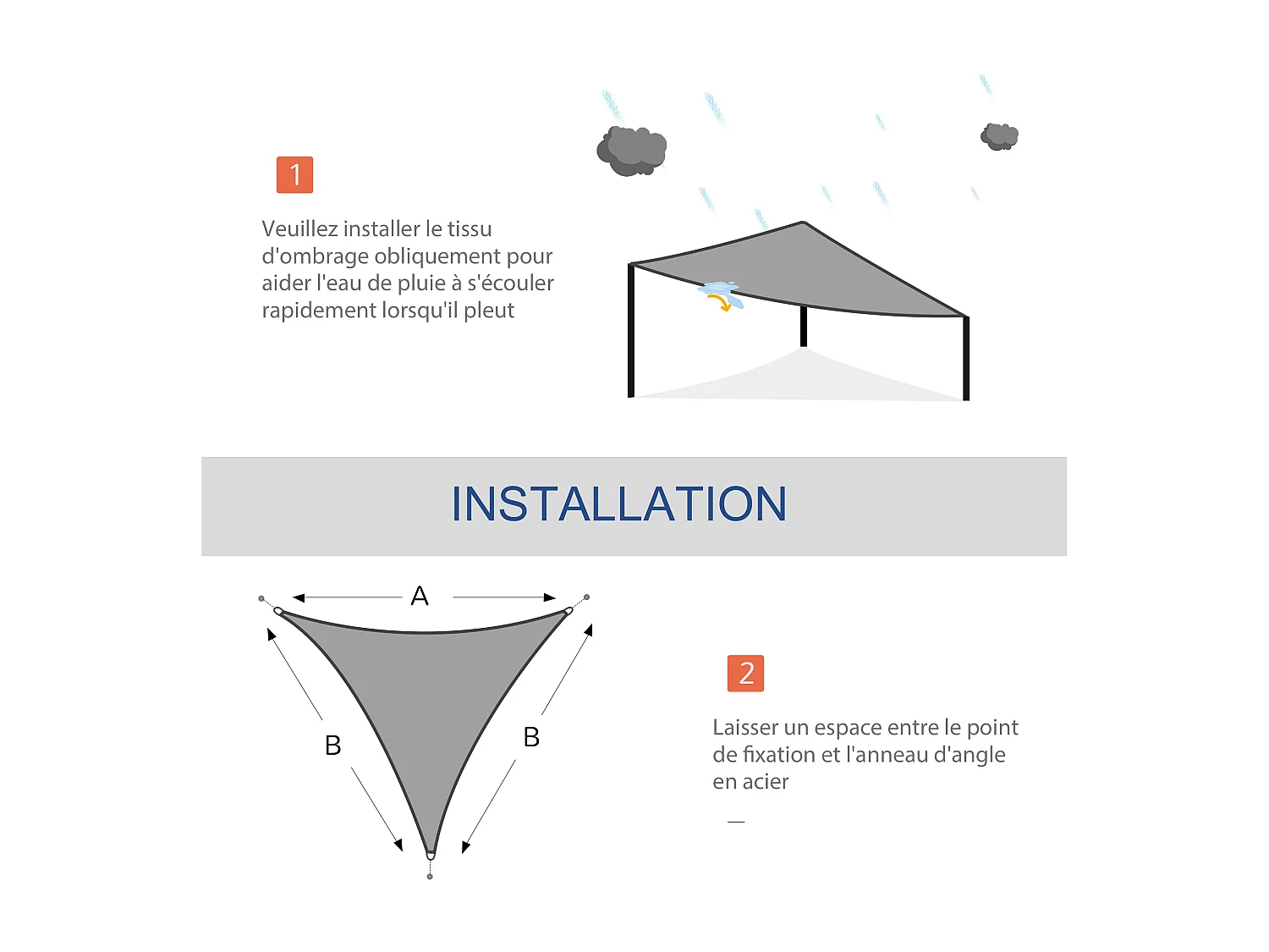 Voile d'ombrage triangulaire grande taille 6 x 6 x 6 m polyester imperméabilisé haute densité 160 g/m² gris clair
