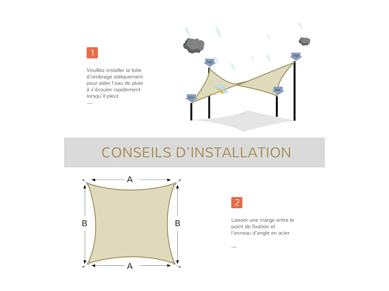 Voile d'ombrage carré 3 x 3 m polyéthylène haute densité résistant aux UV crème