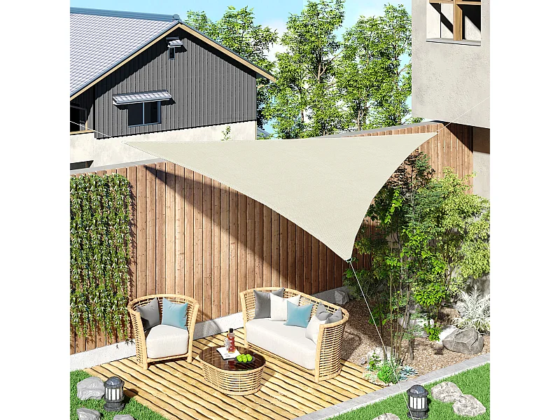 Voile d'ombrage triangulaire grande taille 6 x 6 x 6 m polyéthylène haute densité résistant aux UV crème