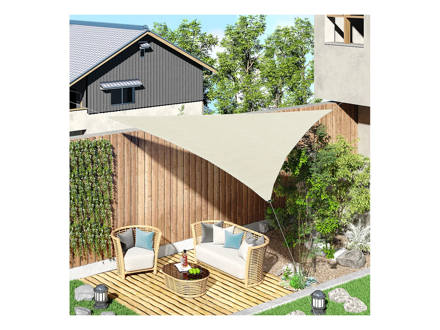 Voile d'ombrage triangulaire grande taille 6 x 6 x 6 m polyéthylène haute densité résistant aux UV crème