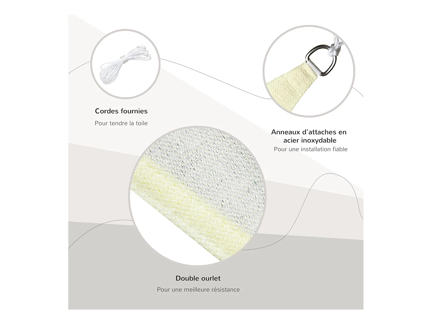Voile d'ombrage triangulaire grande taille 6 x 6 x 6 m polyéthylène haute densité résistant aux UV crème